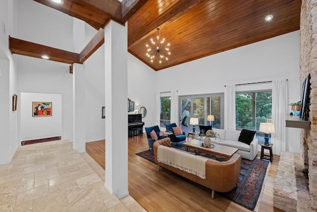 3101 Fleece Flower Cv, Austin, TX 78735 - living room with high vaulted ceiling, wooden ceiling with exposed beams, a chandelier, recessed lighting, and a fireplace
