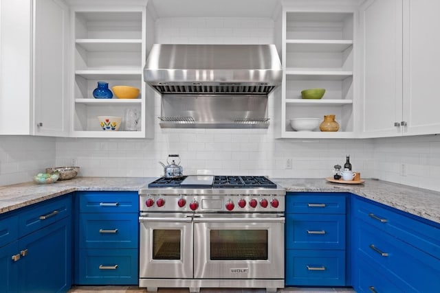 3101 Fleece Flower Cv, Austin, TX 78735 - kitchen featuring open shelves, range with two ovens, white cabinets, blue cabinets, and decorative backsplash