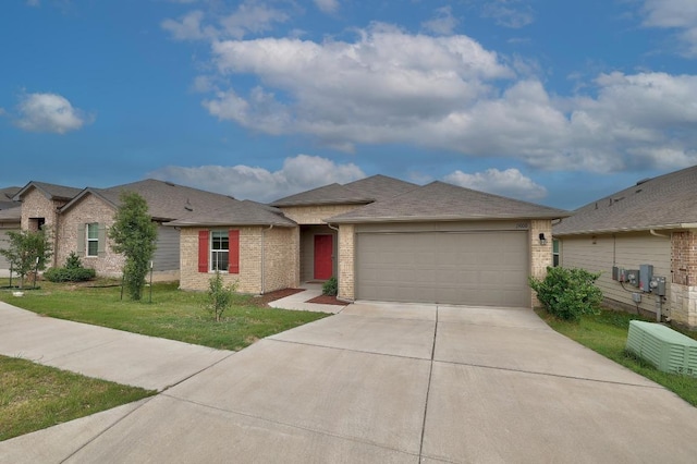 15000 Upland Willow Rd, Austin, TX 78724 - view of front facade featuring brick siding, a garage, driveway, a front yard, and a shingled roof