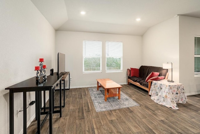 15000 Upland Willow Rd, Austin, TX 78724 - living room with vaulted ceiling, dark wood finished floors, recessed lighting, and baseboards