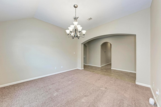 1803 Valle Verde Dr, Cedar Park, TX 78641 - spare room with lofted ceiling, arched walkways, a chandelier, carpet flooring, and baseboards