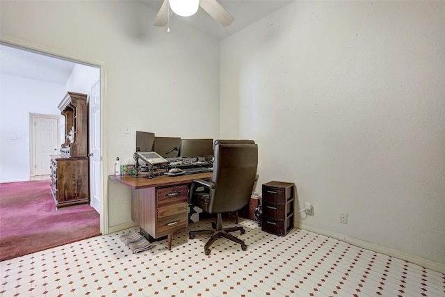 900 Cedar Park Dr, Cedar Park, TX 78613 - office area featuring a ceiling fan, light colored carpet, baseboards, and vaulted ceiling
