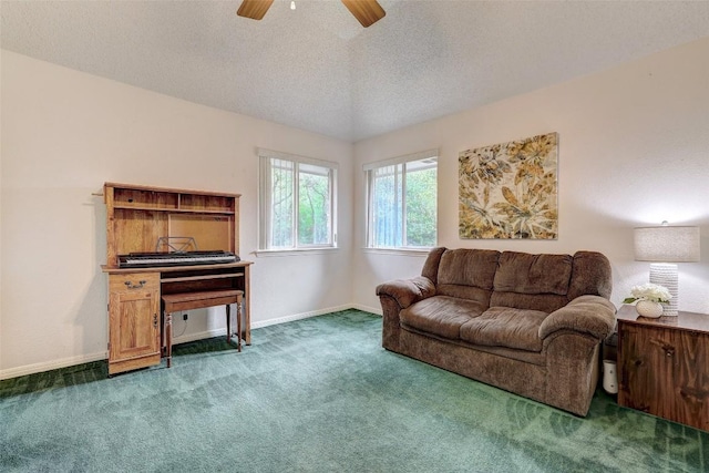 900 Cedar Park Dr, Cedar Park, TX 78613 - living area featuring carpet flooring, ceiling fan, baseboards, and a textured ceiling