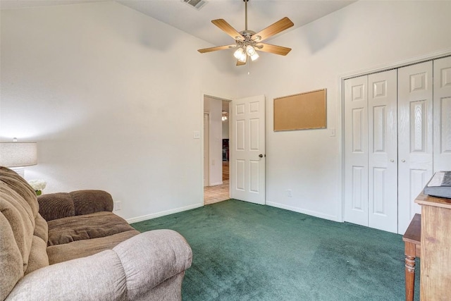 900 Cedar Park Dr, Cedar Park, TX 78613 - sitting room featuring carpet floors, high vaulted ceiling, a ceiling fan, and baseboards