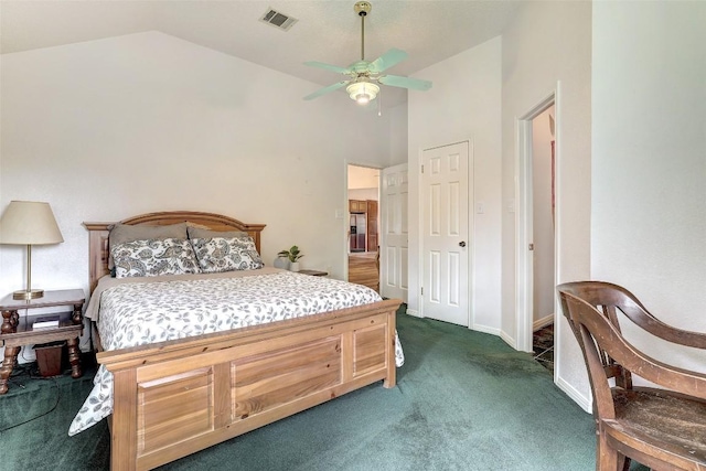 900 Cedar Park Dr, Cedar Park, TX 78613 - bedroom with dark carpet, baseboards, a ceiling fan, and high vaulted ceiling