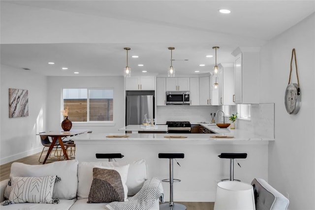 11602 Big Trl, Austin, TX 78759 - kitchen featuring stainless steel appliances, light wood-style floors, light countertops, tasteful backsplash, and recessed lighting