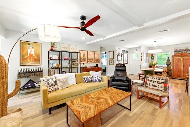 2406 Shiloh Dr, Austin, TX 78745 - living area featuring light wood-type flooring, ceiling fan, beamed ceiling, and recessed lighting