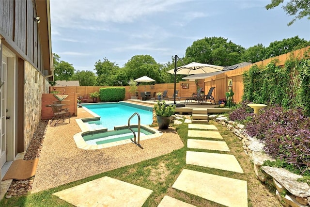 2406 Shiloh Dr, Austin, TX 78745 - view of pool with an in-ground hot tub, a patio area, a fenced backyard, and outdoor dining space