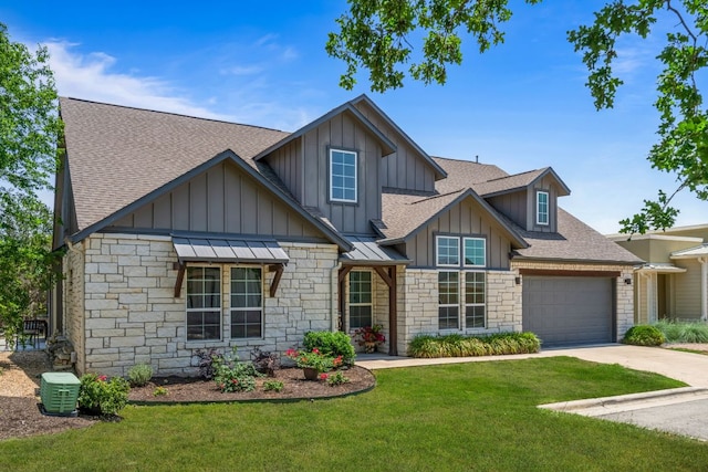 1280 Lucca Dr, Dripping Springs, TX 78620 - craftsman house with roof with shingles, stone siding, a garage, board and batten siding, and a front lawn