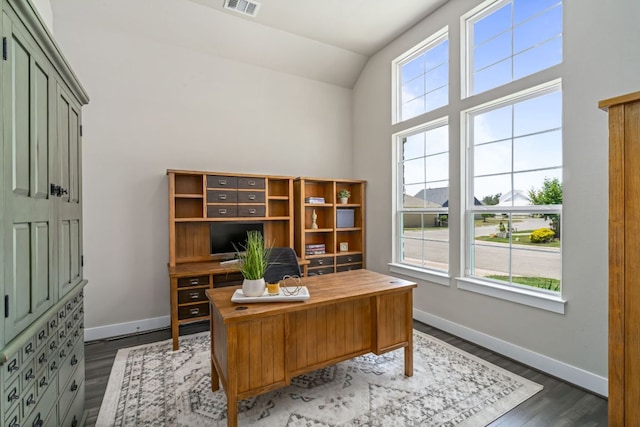 1280 Lucca Dr, Dripping Springs, TX 78620 - office area with dark wood-type flooring and high vaulted ceiling