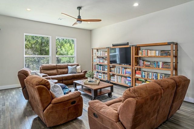 1280 Lucca Dr, Dripping Springs, TX 78620 - living room featuring ceiling fan, wood finished floors, baseboards, and recessed lighting