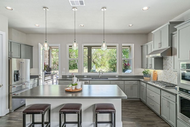 1280 Lucca Dr, Dripping Springs, TX 78620 - kitchen featuring stainless steel appliances, gray cabinetry, dark countertops, recessed lighting, and plenty of natural light
