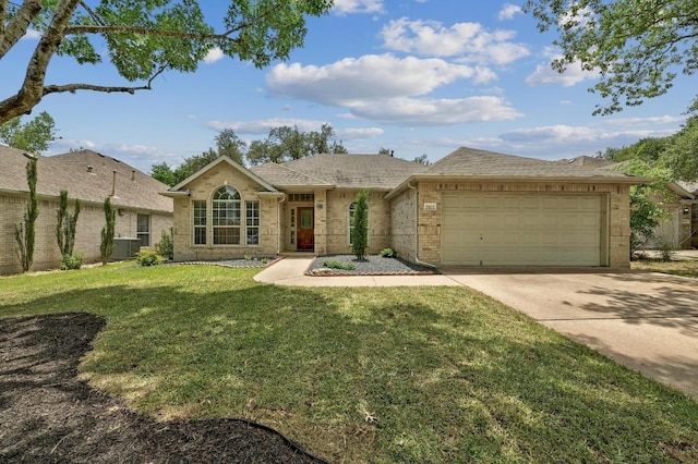 5405 Apache Creek Cv, Austin, TX 78735 - ranch-style house featuring concrete driveway, a garage, brick siding, a front yard, and a shingled roof