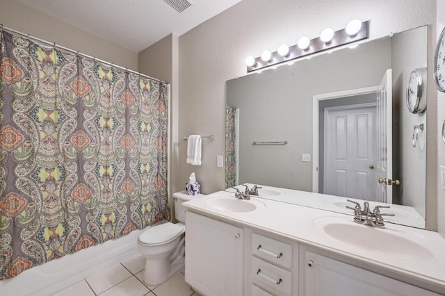 5405 Apache Creek Cv, Austin, TX 78735 - bathroom with tile patterned flooring, double vanity, toilet, and shower / tub combo with curtain