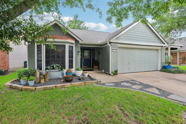 17008 Cactus Blossom Dr, Pflugerville, TX 78660 - ranch-style home with driveway, brick siding, a front lawn, a garage, and a shingled roof