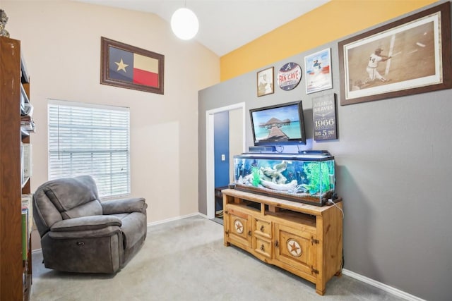 17008 Cactus Blossom Dr, Pflugerville, TX 78660 - sitting room with light carpet, high vaulted ceiling, and baseboards