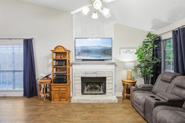 17008 Cactus Blossom Dr, Pflugerville, TX 78660 - living room with a ceiling fan, wood finished floors, and a fireplace