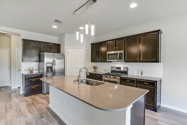 4333 Buffalo Ford Rd, Georgetown, TX 78628 - kitchen featuring appliances with stainless steel finishes, dark brown cabinetry, backsplash, hanging light fixtures, and a center island with sink