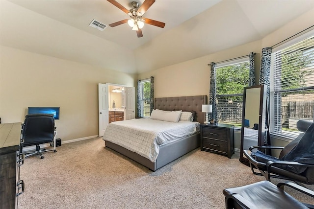 2415 Berkshire Way, Cedar Park, TX 78613 - carpeted bedroom featuring an office area, a ceiling fan, ensuite bath, and vaulted ceiling