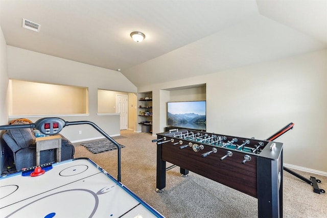 2415 Berkshire Way, Cedar Park, TX 78613 - rec room featuring carpet flooring, lofted ceiling, and built in shelves