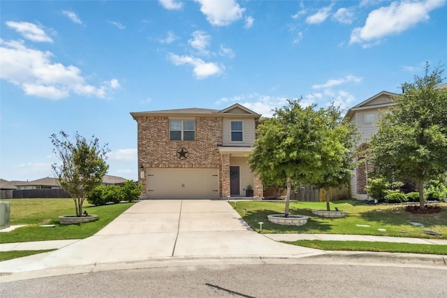 10901 Rome Ave, Austin, TX 78747 - view of front of home featuring an attached garage, concrete driveway, a front yard, and brick siding