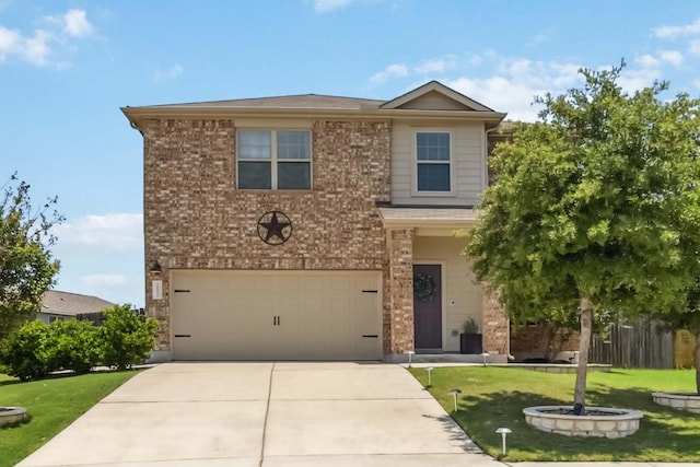 10901 Rome Ave, Austin, TX 78747 - view of front of house featuring a garage, a front yard, brick siding, and concrete driveway