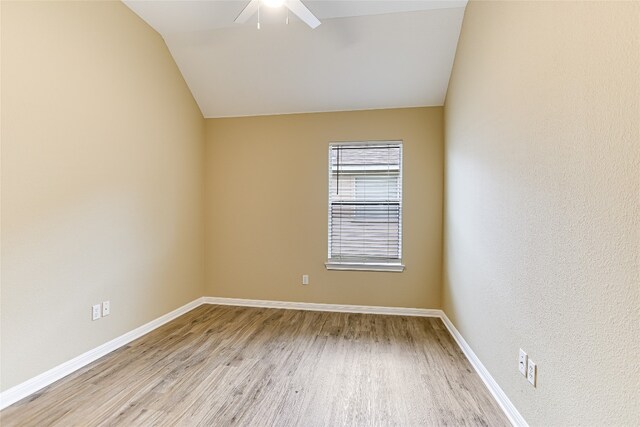 168 Hickory Ln, Georgetown, TX 78633 - unfurnished room with light wood-style flooring, ceiling fan, lofted ceiling, and baseboards