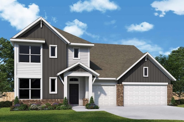 281 Twistleaf Dr, Buda, TX 78610 - view of front facade featuring brick siding, roof with shingles, driveway, board and batten siding, and a front yard