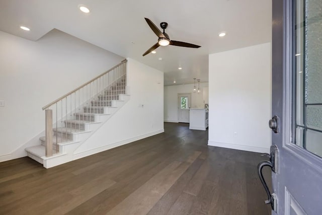 2105 Tiger Trl Unit 301, Round Rock, TX 78664 - entryway featuring stairway, dark wood-style flooring, ceiling fan, baseboards, and recessed lighting