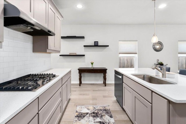 129 Lacey Oak Loop, San Marcos, TX 78666 - kitchen with a sink, gray cabinets, under cabinet range hood, stainless steel appliances, and open shelves
