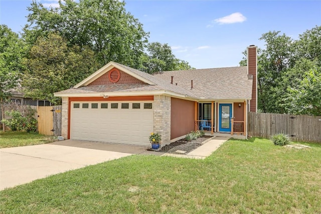 12319 Emery Oaks Rd, Austin, TX 78758 - single story home featuring an attached garage, driveway, a chimney, and roof with shingles