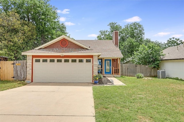 12319 Emery Oaks Rd, Austin, TX 78758 - ranch-style house featuring driveway, an attached garage, a chimney, central air condition unit, and brick siding