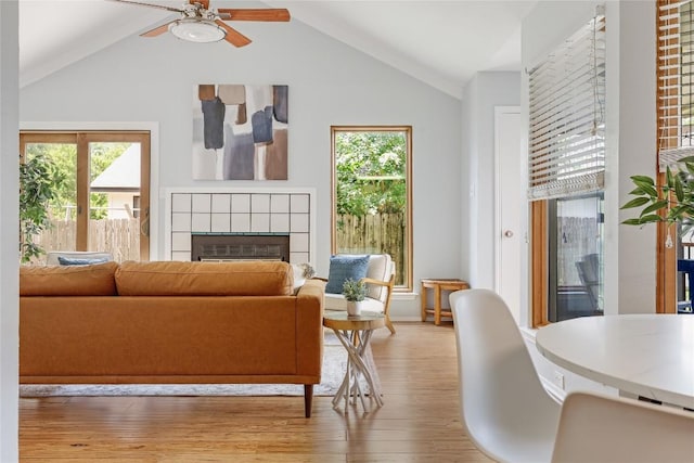 12319 Emery Oaks Rd, Austin, TX 78758 - living room featuring healthy amount of natural light, light wood-style flooring, a fireplace, ceiling fan, and vaulted ceiling