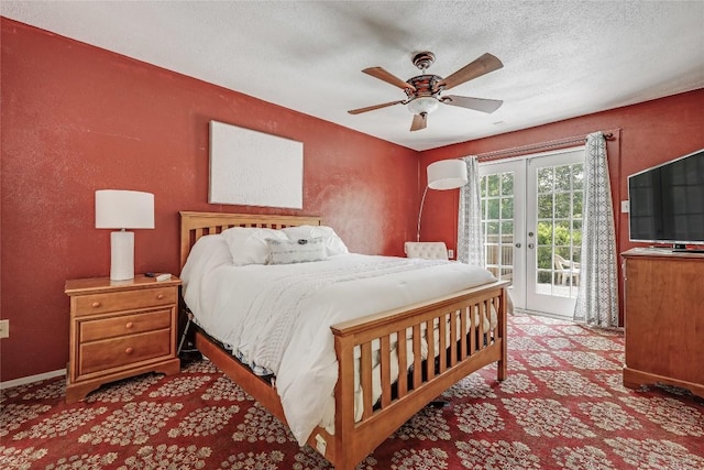 12319 Emery Oaks Rd, Austin, TX 78758 - bedroom featuring access to outside, carpet floors, a textured ceiling, a ceiling fan, and a textured wall