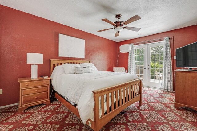 12319 Emery Oaks Rd, Austin, TX 78758 - carpeted bedroom with access to outside, a textured ceiling, ceiling fan, and a textured wall