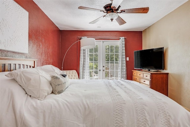 12319 Emery Oaks Rd, Austin, TX 78758 - bedroom with access to exterior, french doors, a ceiling fan, a textured wall, and a textured ceiling