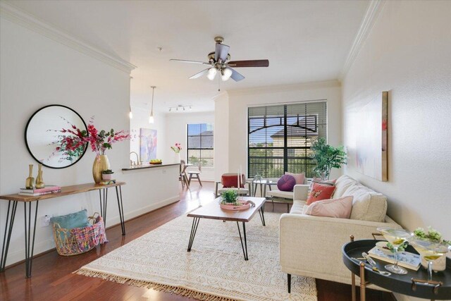 7701 Rialto Blvd Unit 1232, Austin, TX 78735 - living area with ornamental molding, wood finished floors, a ceiling fan, and baseboards