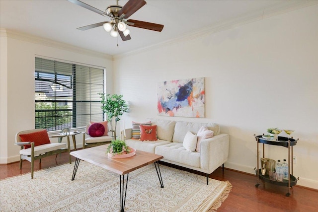 7701 Rialto Blvd Unit 1232, Austin, TX 78735 - living area with wood finished floors, baseboards, ceiling fan, and crown molding