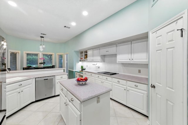 10408 Cassia Dr, Austin, TX 78759 - kitchen featuring stainless steel dishwasher, a sink, light tile patterned floors, white cabinetry, and recessed lighting