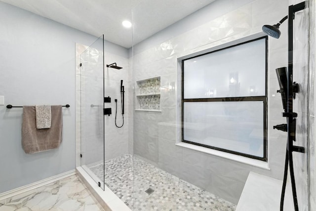 10408 Cassia Dr, Austin, TX 78759 - full bath featuring tiled shower, marble look tiles, baseboards, and recessed lighting