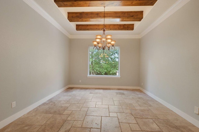3602 Red Cedar Ct, Bryan, TX 77807 - spare room featuring stone tile flooring, a chandelier, baseboards, beamed ceiling, and a raised ceiling
