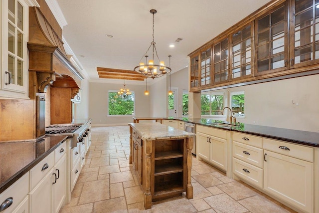 3602 Red Cedar Ct, Bryan, TX 77807 - kitchen with a sink, stone tile flooring, a chandelier, open shelves, and recessed lighting