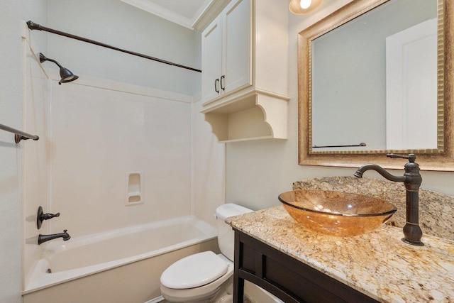3602 Red Cedar Ct, Bryan, TX 77807 - full bath with toilet, vanity, shower / bathtub combination, and ornamental molding