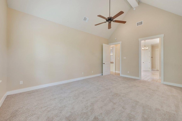 3602 Red Cedar Ct, Bryan, TX 77807 - unfurnished bedroom with high vaulted ceiling, beam ceiling, light carpet, baseboards, and a chandelier