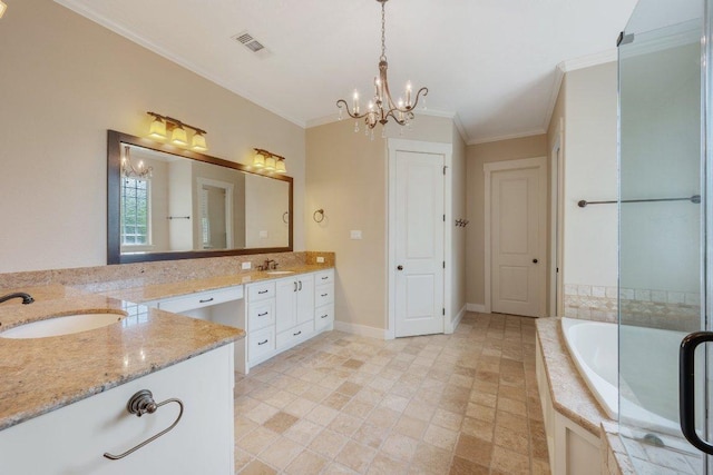3602 Red Cedar Ct, Bryan, TX 77807 - full bathroom with a chandelier, double vanity, a bath, and crown molding