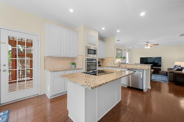 5302 Austral Loop, Austin, TX 78739 - kitchen with stainless steel appliances, a peninsula, plenty of natural light, white cabinetry, and recessed lighting