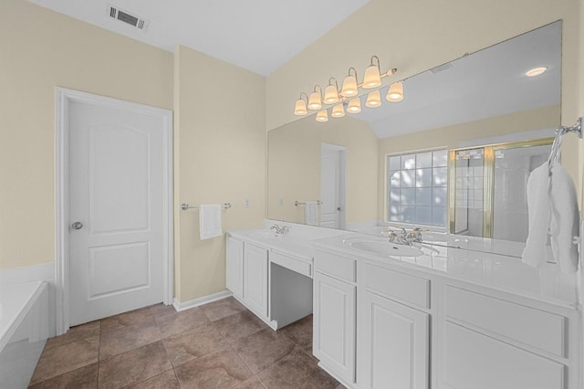 5302 Austral Loop, Austin, TX 78739 - bathroom featuring double vanity, a bath, and a shower with shower door