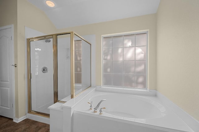 5302 Austral Loop, Austin, TX 78739 - bathroom with a garden tub, a shower stall, and lofted ceiling
