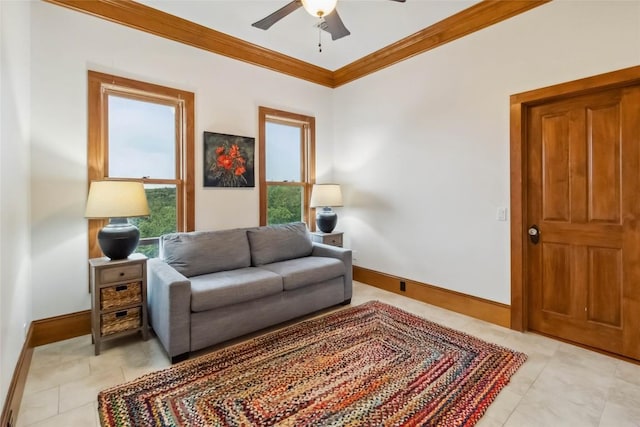 402 Lander Ln, Dripping Springs, TX 78620 - living area with ornamental molding, ceiling fan, baseboards, and light tile patterned flooring