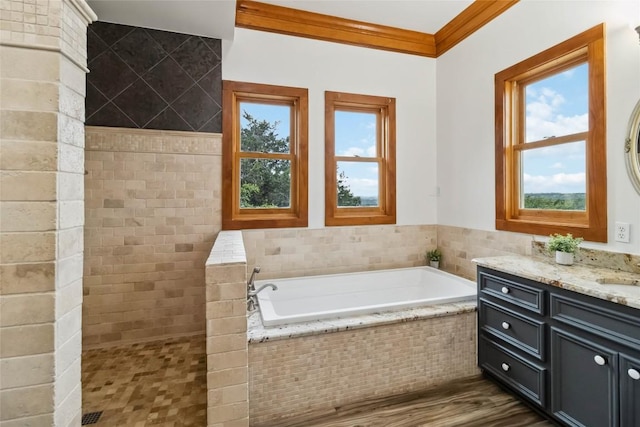 402 Lander Ln, Dripping Springs, TX 78620 - bathroom featuring vanity, healthy amount of natural light, a garden tub, ornamental molding, and wood finished floors